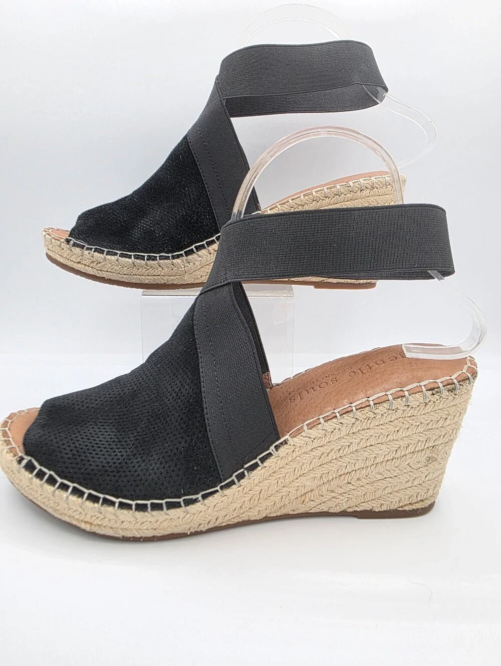 Gentle Souls Kenneth Cole Espadrille Wedge Sandals Black Leather Size 10 Comfort